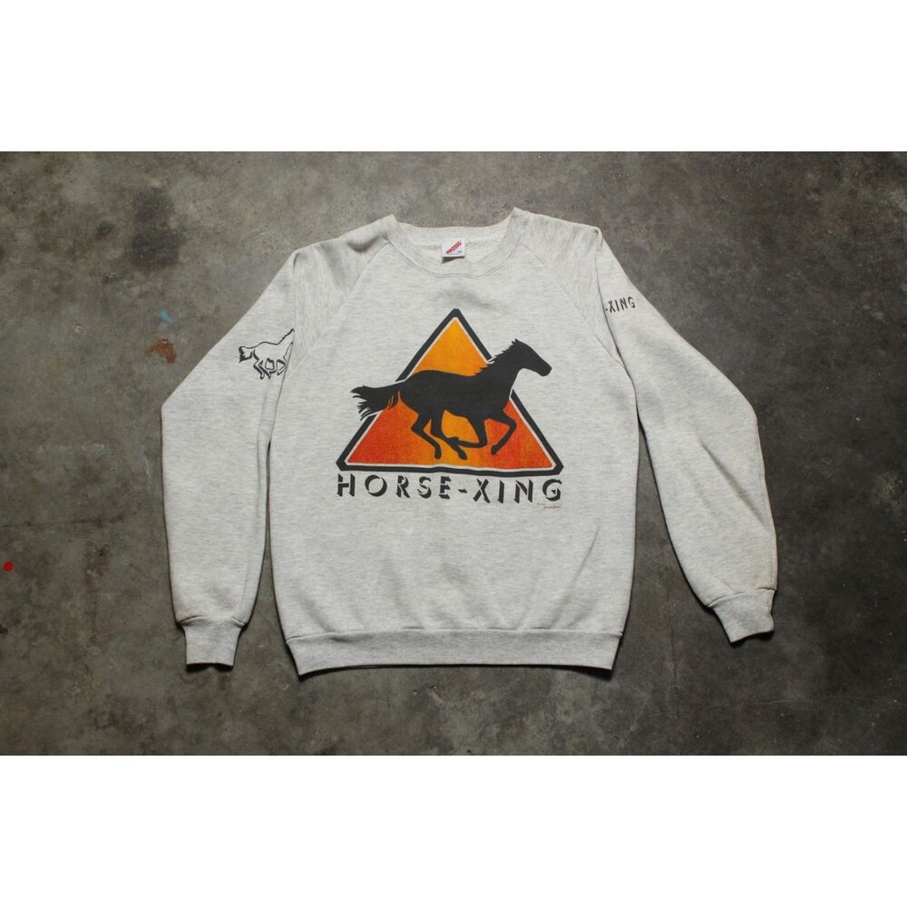Vintage 90s 1993 USA-Made Jerzees Horse Crossing Gray Raglan Sweatshirt - Medium